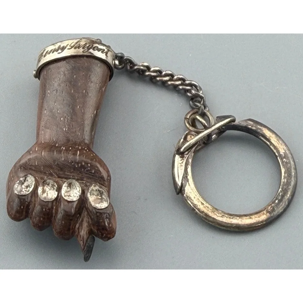 Vintage Figa Hand Keychain XRF Tested Silver Carved Wood Lucky Fist Zitrin Box